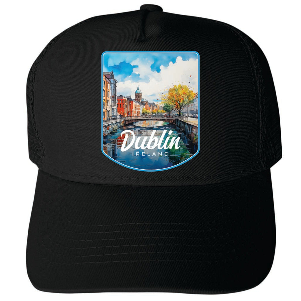 Dublin Ireland Watercolor Cityscape Design Unisex Mesh Back Trucker Hat with Adjustable Snapback Image 2