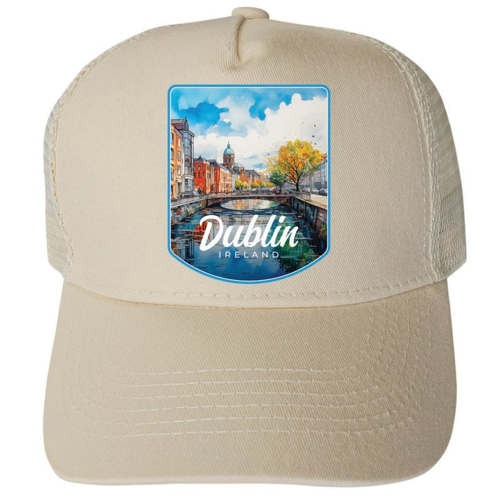 Dublin Ireland Watercolor Cityscape Design Unisex Mesh Back Trucker Hat with Adjustable Snapback Image 3