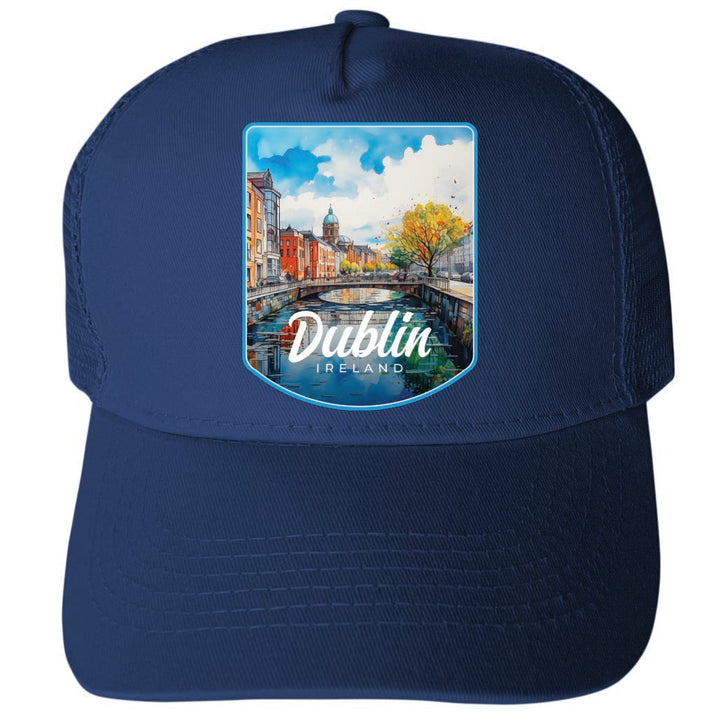 Dublin Ireland Watercolor Cityscape Design Unisex Mesh Back Trucker Hat with Adjustable Snapback Image 4