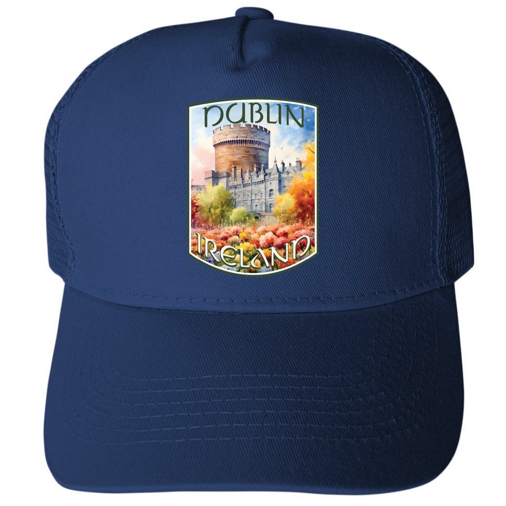 Dublin Ireland Watercolor Dublin Castle Design Unisex Mesh Back Trucker Hat with Adjustable Snapback Image 1