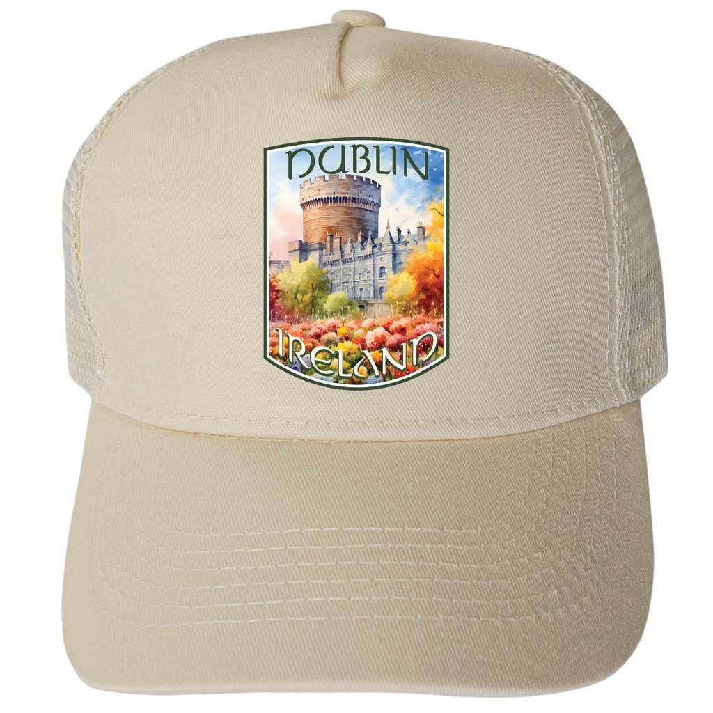 Dublin Ireland Watercolor Dublin Castle Design Unisex Mesh Back Trucker Hat with Adjustable Snapback Image 3