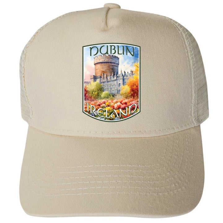 Dublin Ireland Watercolor Dublin Castle Design Unisex Mesh Back Trucker Hat with Adjustable Snapback Image 1