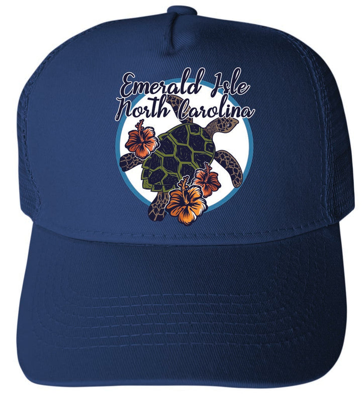 Emerald Isle North Carolina Turtle and Flowers Design Unisex Mesh Back Trucker Hat with Adjustable Snapback Image 1