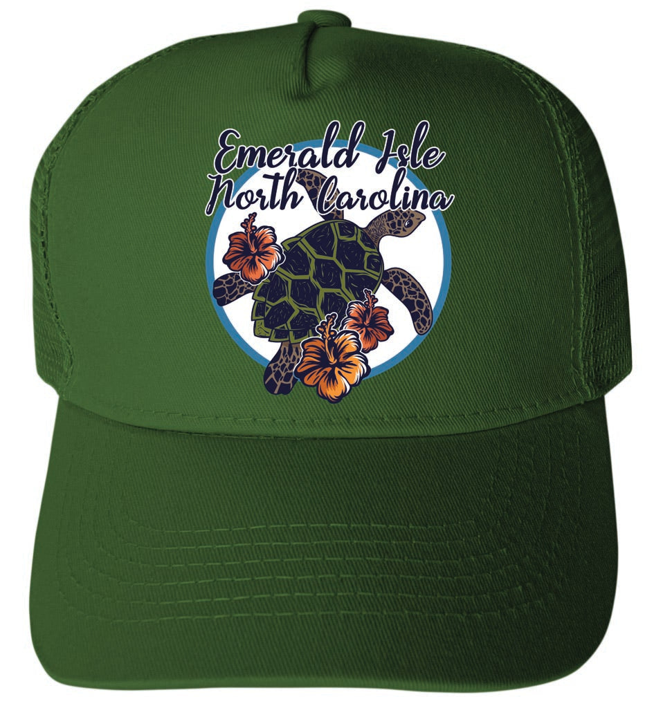 Emerald Isle North Carolina Turtle and Flowers Design Unisex Mesh Back Trucker Hat with Adjustable Snapback Image 2