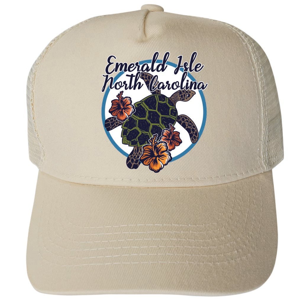 Emerald Isle North Carolina Turtle and Flowers Design Unisex Mesh Back Trucker Hat with Adjustable Snapback Image 3