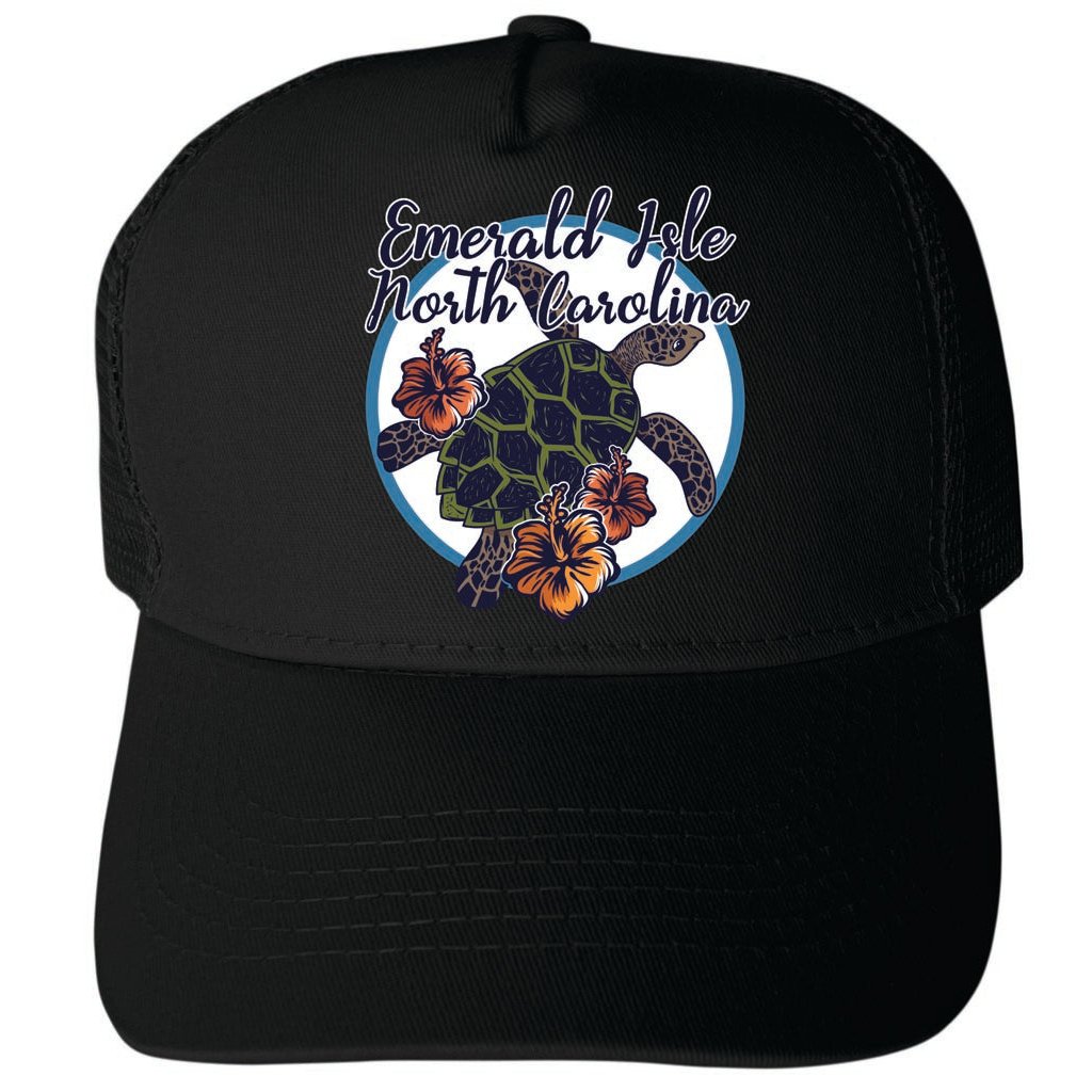 Emerald Isle North Carolina Turtle and Flowers Design Unisex Mesh Back Trucker Hat with Adjustable Snapback Image 4