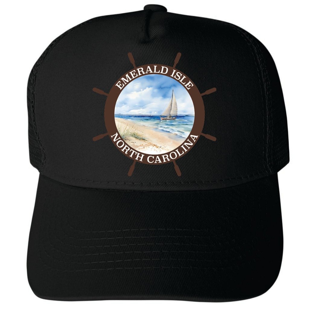 Emerald Isle North Carolina Nautical Helm Design Unisex Mesh Back Trucker Hat with Adjustable Snapback Image 1