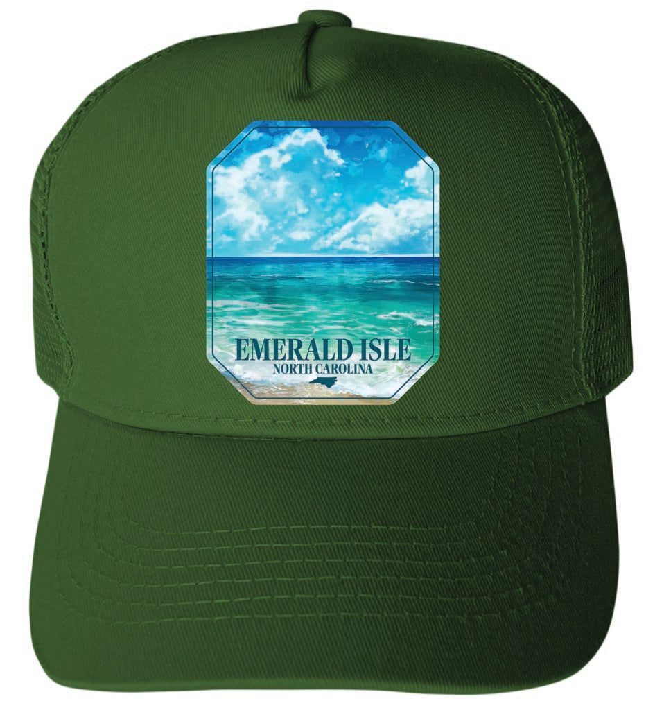 Emerald Isle North Carolina Serene Ocean Design Unisex Mesh Back Trucker Hat with Adjustable Snapback Image 1