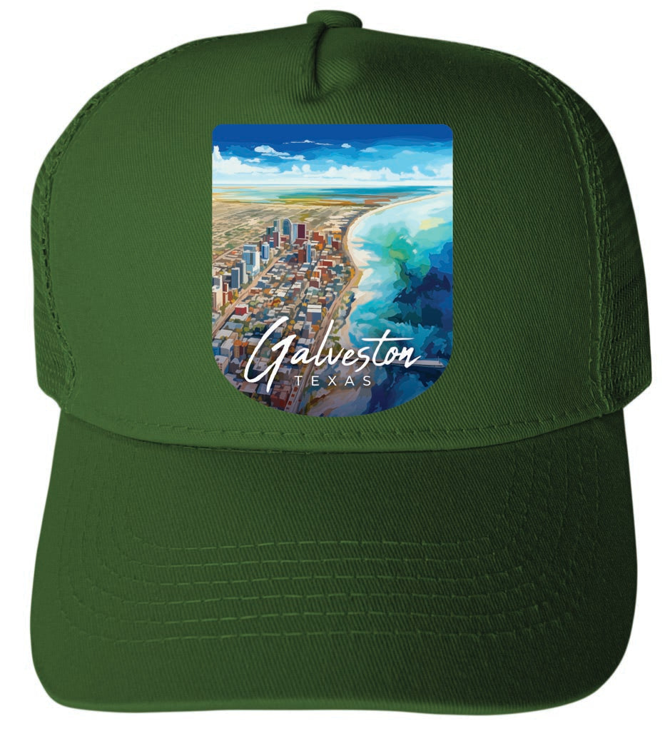 Galveston Texas Aerial Painting Design Unisex Mesh Back Trucker Hat with Adjustable Snapback Image 1