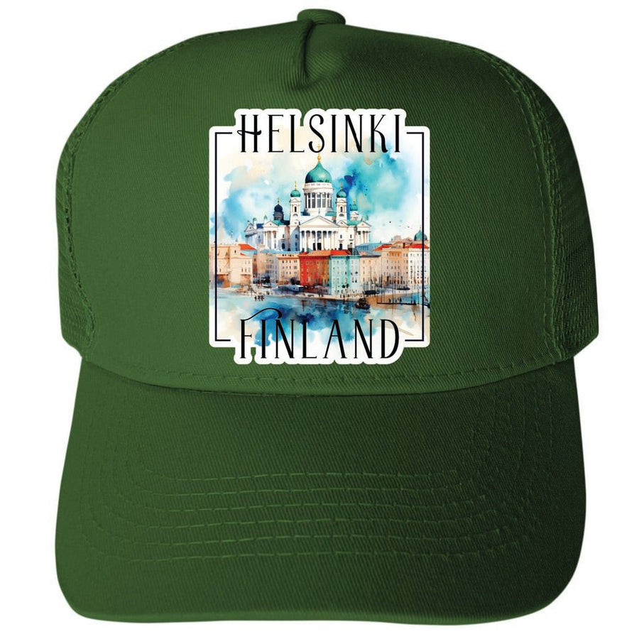 Helsinki Finland Watercolor Helsinki Cathedral Design Unisex Mesh Back Trucker Hat with Adjustable Snapback Image 1