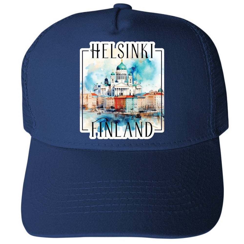 Helsinki Finland Watercolor Helsinki Cathedral Design Unisex Mesh Back Trucker Hat with Adjustable Snapback Image 2