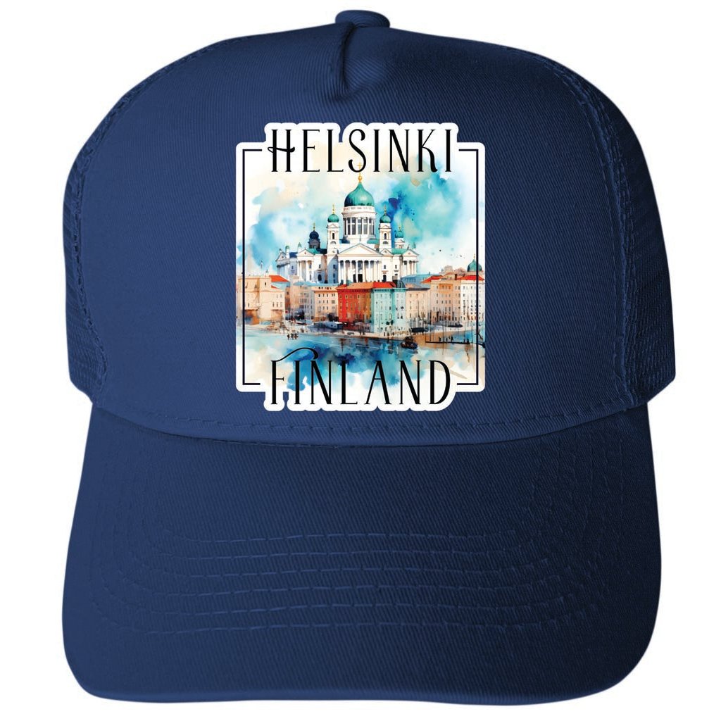 Helsinki Finland Watercolor Helsinki Cathedral Design Unisex Mesh Back Trucker Hat with Adjustable Snapback Image 2