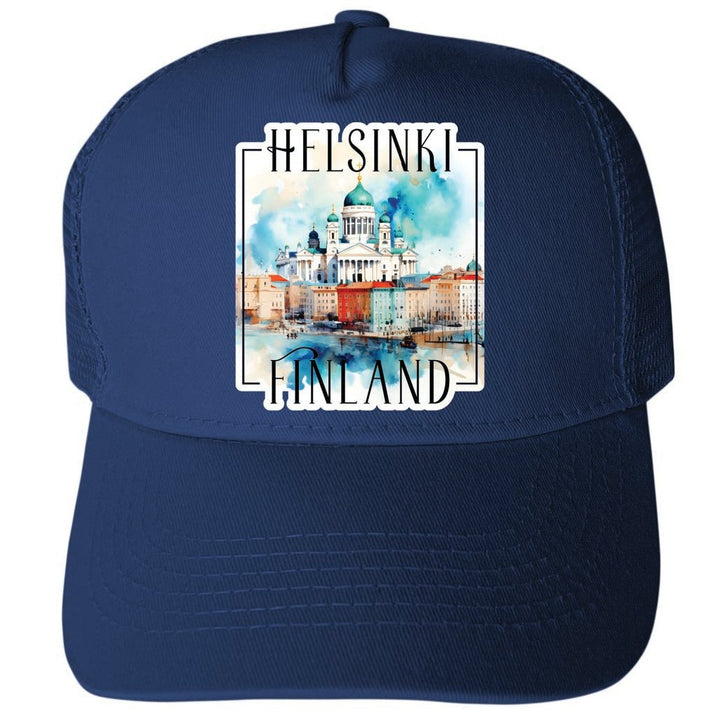 Helsinki Finland Watercolor Helsinki Cathedral Design Unisex Mesh Back Trucker Hat with Adjustable Snapback Image 1