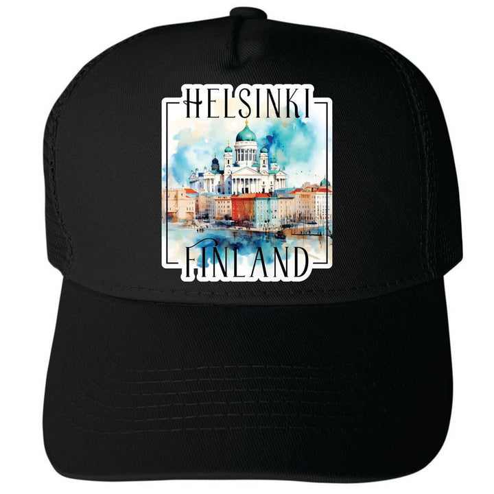 Helsinki Finland Watercolor Helsinki Cathedral Design Unisex Mesh Back Trucker Hat with Adjustable Snapback Image 3