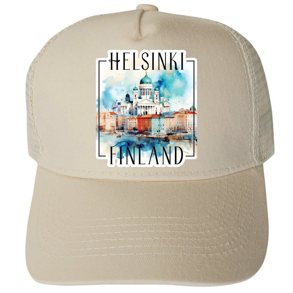 Helsinki Finland Watercolor Helsinki Cathedral Design Unisex Mesh Back Trucker Hat with Adjustable Snapback Image 4