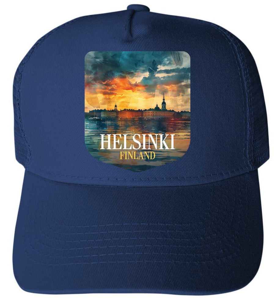 Helsinki Finland Sunset Cityscape Design B Unisex Mesh Back Trucker Hat with Adjustable Snapback Image 1