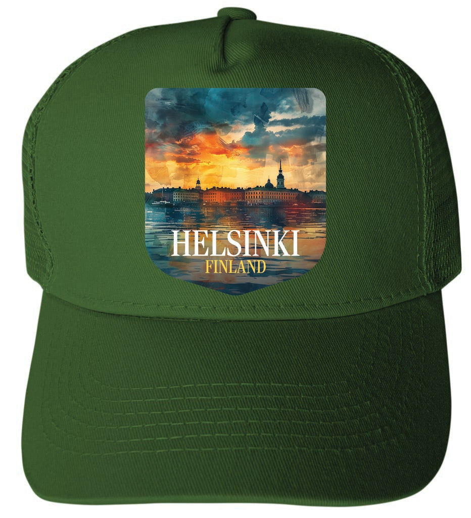 Helsinki Finland Sunset Cityscape Design B Unisex Mesh Back Trucker Hat with Adjustable Snapback Image 2