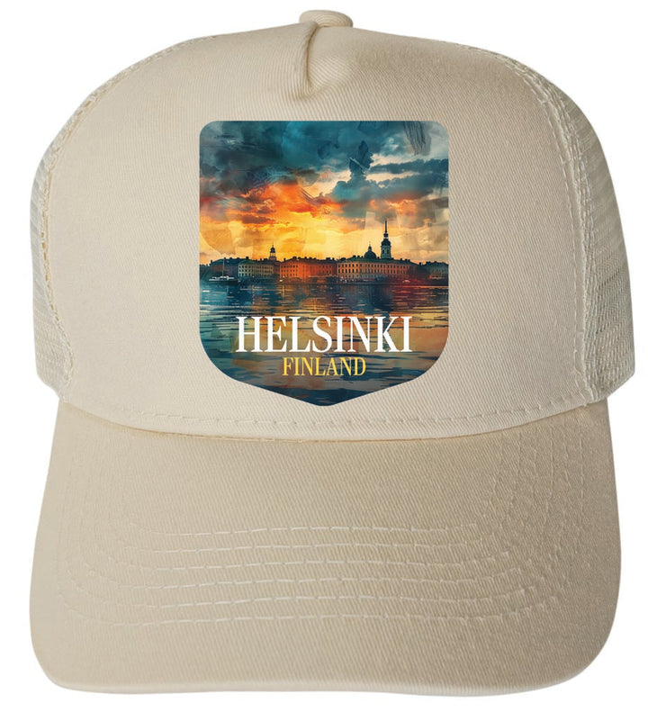 Helsinki Finland Sunset Cityscape Design B Unisex Mesh Back Trucker Hat with Adjustable Snapback Image 3