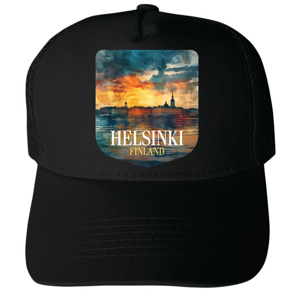 Helsinki Finland Sunset Cityscape Design B Unisex Mesh Back Trucker Hat with Adjustable Snapback Image 4