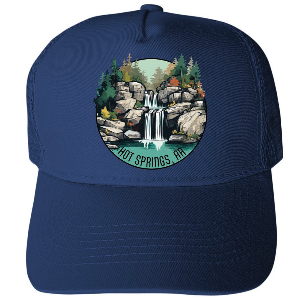 Hot Springs Arkansas Waterfall Illustration Design Unisex Mesh Back Trucker Hat with Adjustable Snapback Image 1