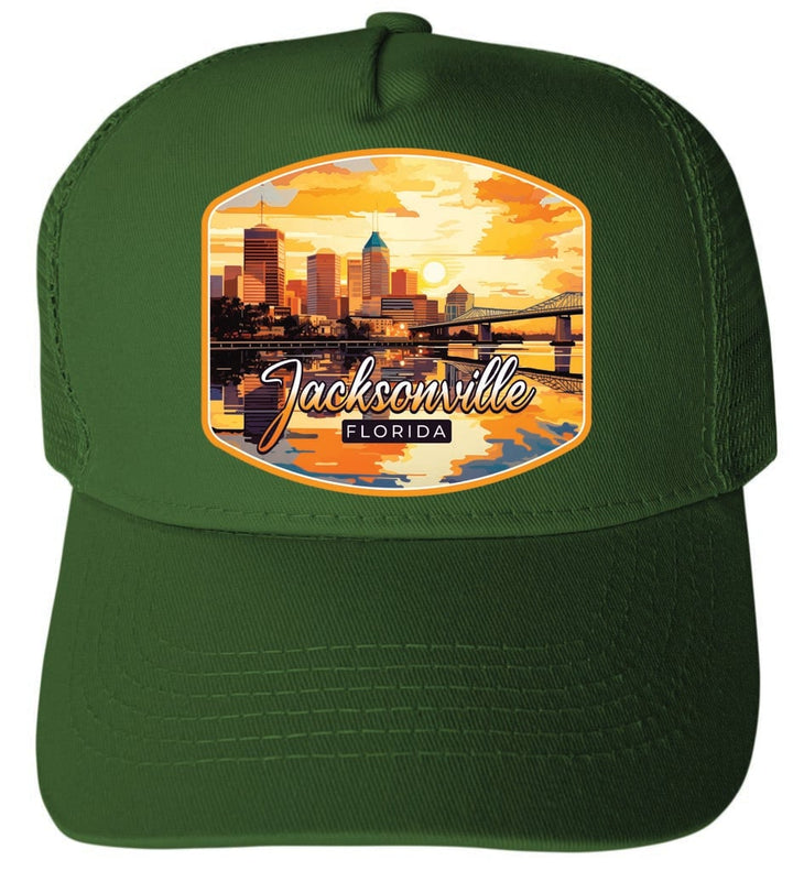 Jacksonville Florida Sunset Cityscape Design Unisex Mesh Back Trucker Hat with Adjustable Snapback Image 1