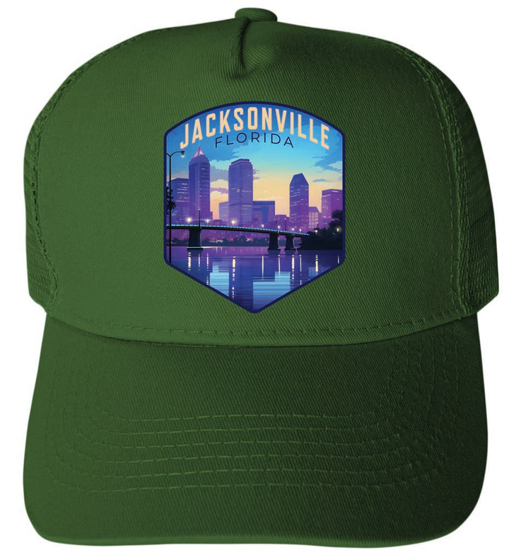 Jacksonville Florida Evening Cityscape Design Unisex Mesh Back Trucker Hat with Adjustable Snapback Image 1