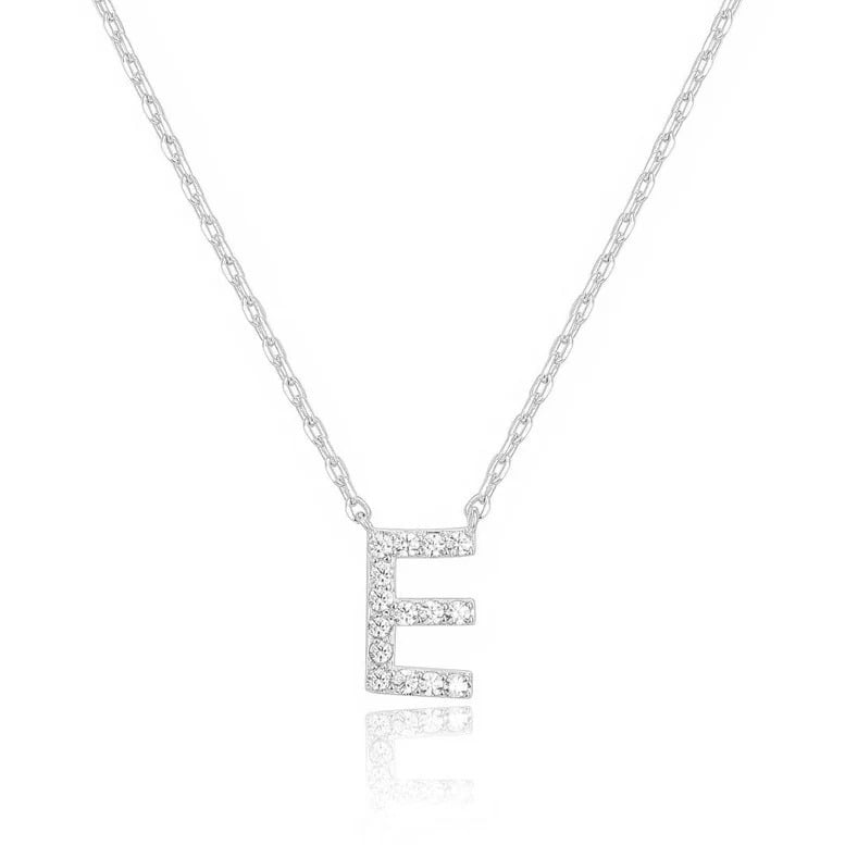 14k White Gold Created White Sapphire Initial E Letter Pendant Necklace Plated Image 1