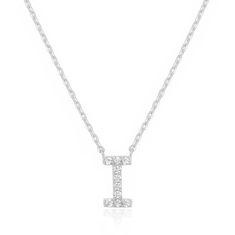 14k White Gold Created White Sapphire Initial I Letter Pendant Necklace Plated Image 1