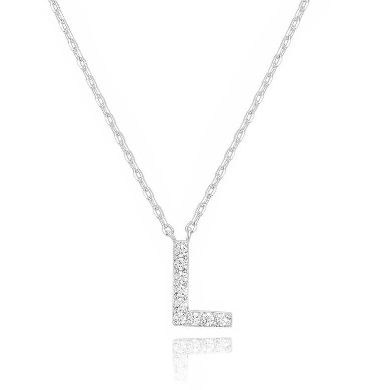 14k White Gold Created White Sapphire Initial L Letter Pendant Necklace Plated Image 1