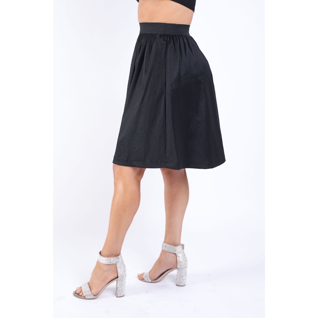 Casual Elastic High Waist Pleated Midi Flare Black Skirt Image 2