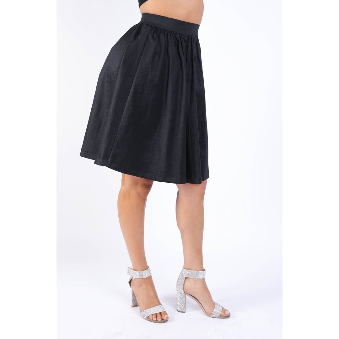 Casual Elastic High Waist Pleated Midi Flare Black Skirt Image 3