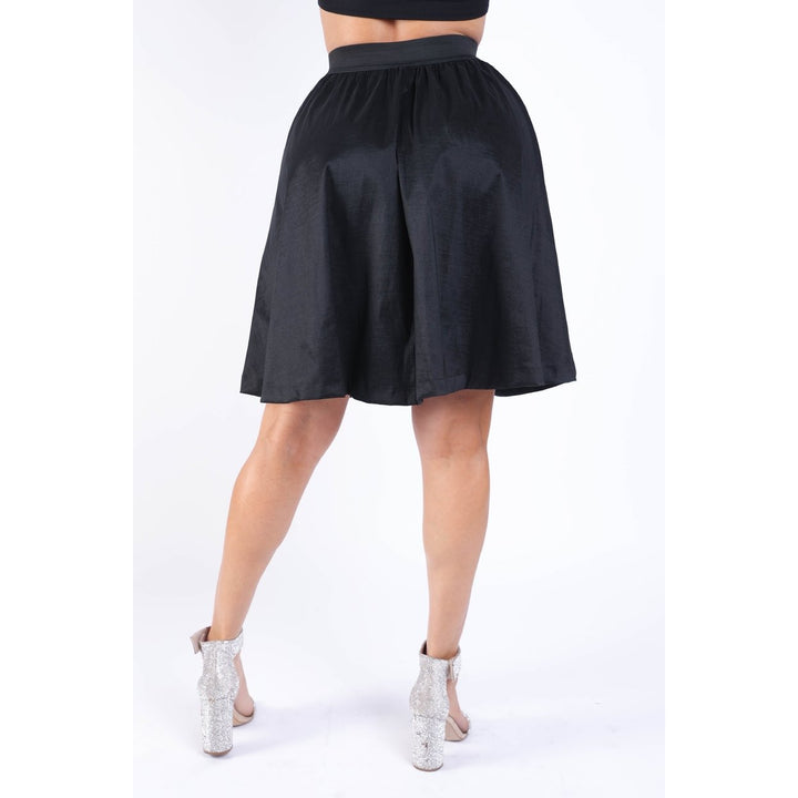 Casual Elastic High Waist Pleated Midi Flare Black Skirt Image 4