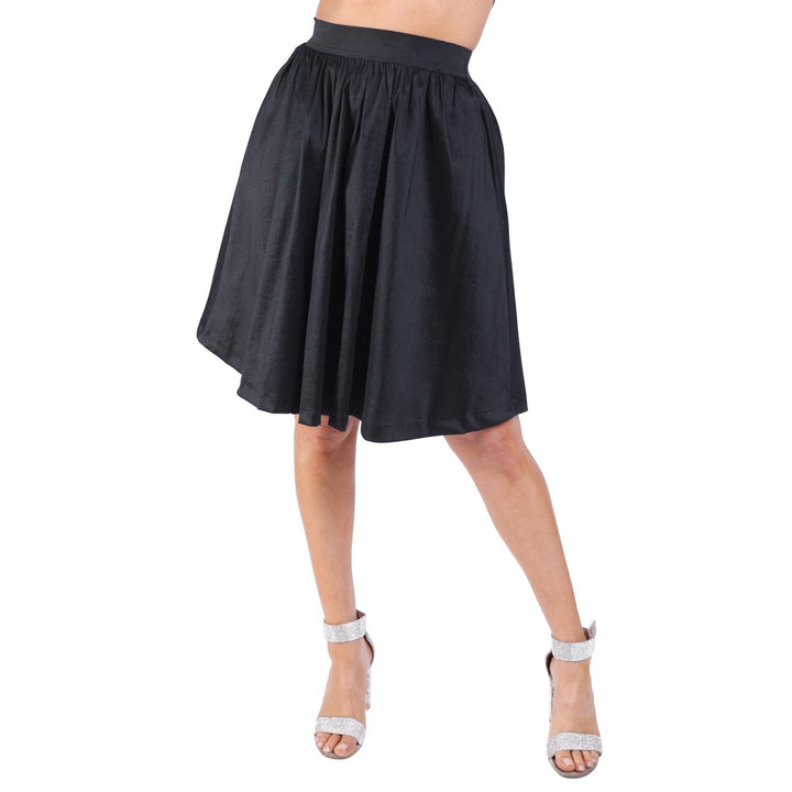 Casual Elastic High Waist Pleated Midi Flare Black Skirt Image 4