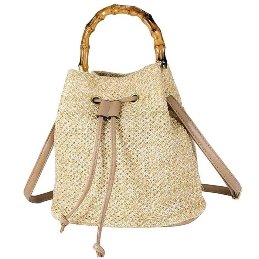 Bamboo Handle Women Crossbody Bucket Handbag Purse Image 1