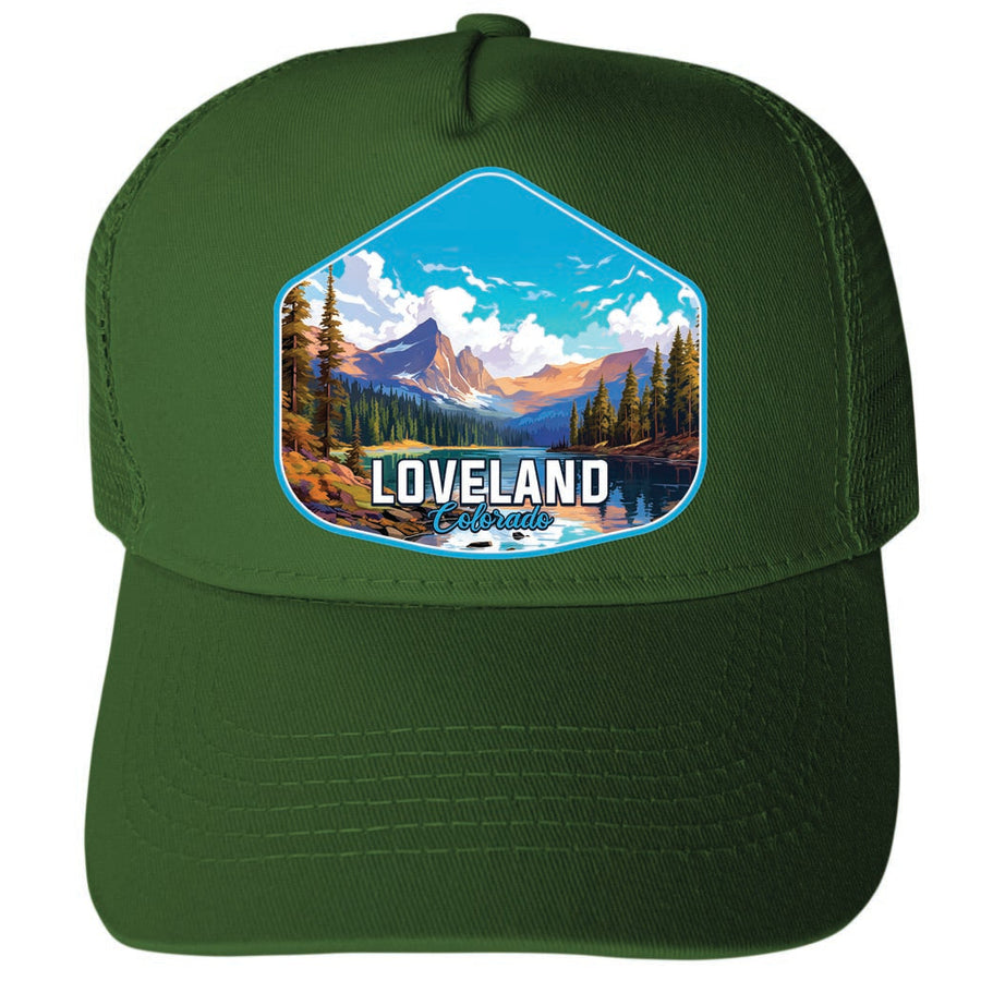 Loveland Colorado Mountain Landscape Design Unisex Mesh Back Trucker Hat with Adjustable Snapback Image 1