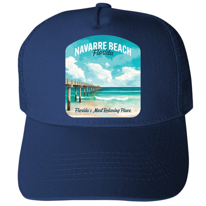 Navarre Beach Florida Pier Painting Design Unisex Mesh Back Trucker Hat with Adjustable Snapback Image 1