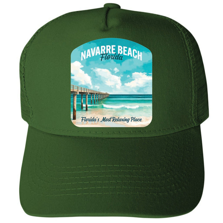 Navarre Beach Florida Pier Painting Design Unisex Mesh Back Trucker Hat with Adjustable Snapback Image 2