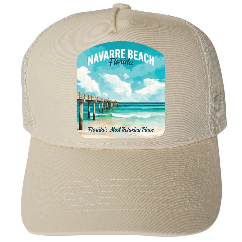 Navarre Beach Florida Pier Painting Design Unisex Mesh Back Trucker Hat with Adjustable Snapback Image 3