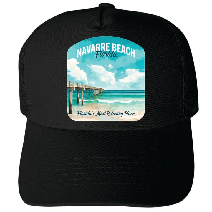 Navarre Beach Florida Pier Painting Design Unisex Mesh Back Trucker Hat with Adjustable Snapback Image 4