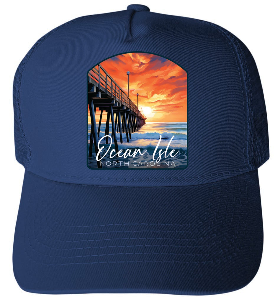 Ocean Isle Sunset Pier Design Unisex Mesh Back Trucker Hat with Adjustable Snapback Image 1