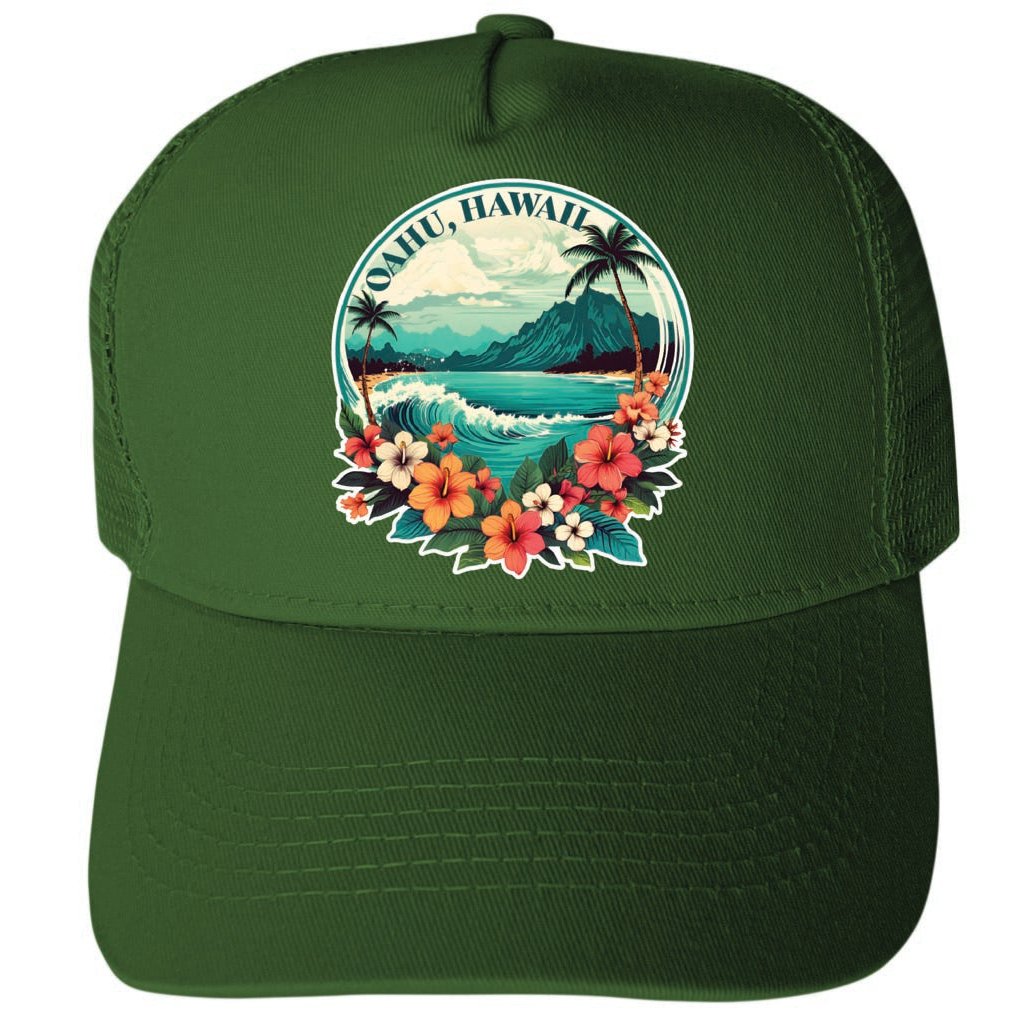 Oahu Hawaii Design C Unisex Mesh Back Trucker Hat with Adjustable Snapback Image 1