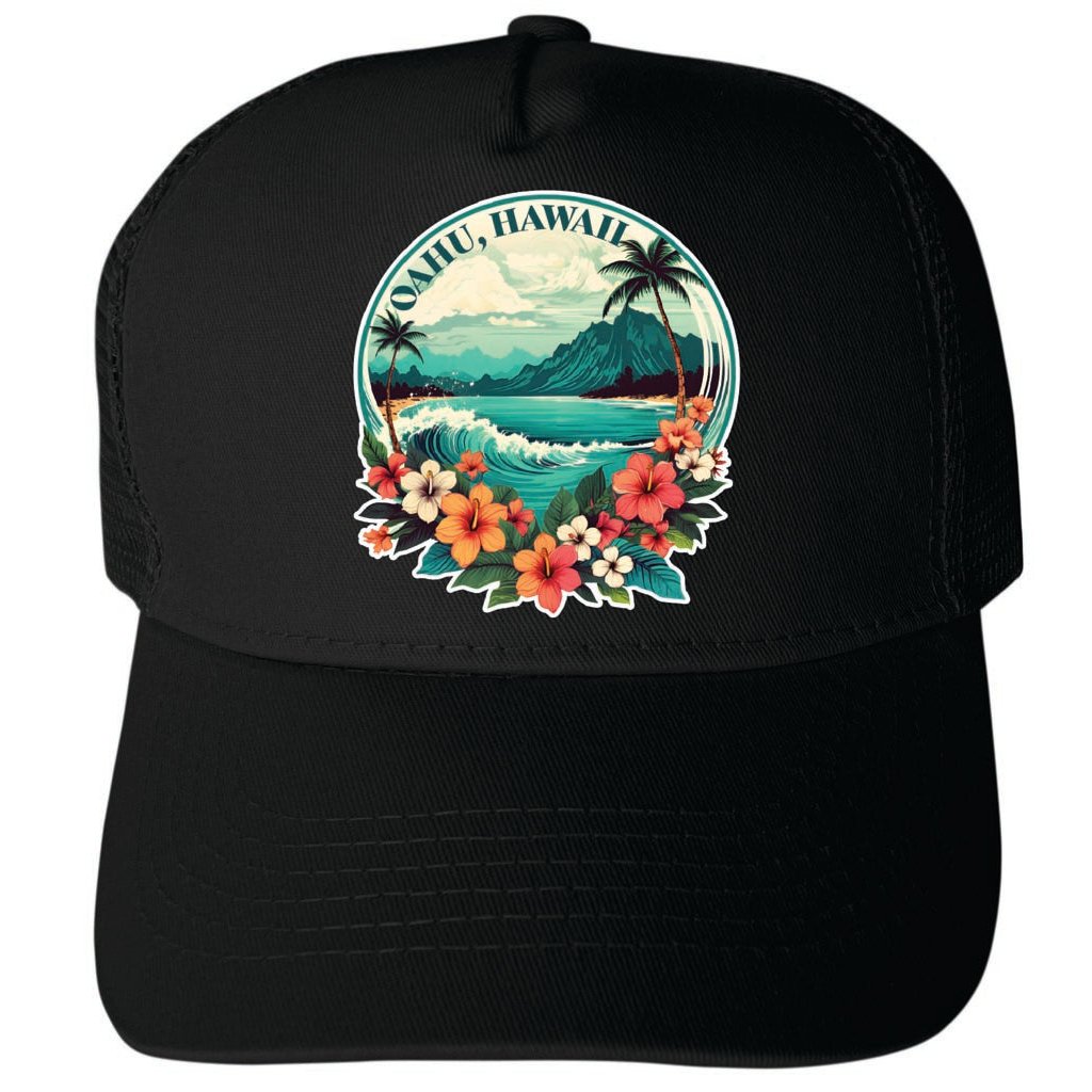 Oahu Hawaii Design C Unisex Mesh Back Trucker Hat with Adjustable Snapback Image 1