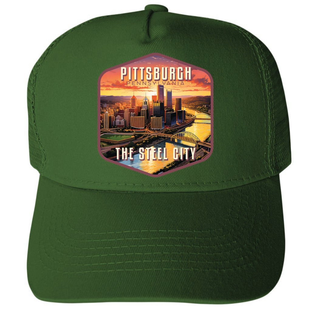 Pittsburgh Pennsylvania The Steel City Design Unisex Mesh Back Trucker Hat with Adjustable Snapback Image 1