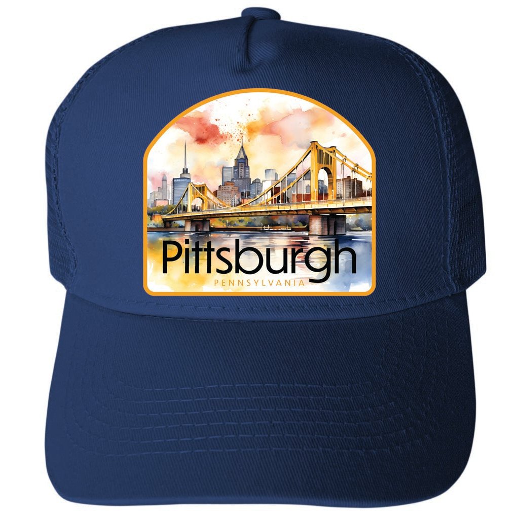 Pittsburgh Pennsylvania Yellow Bridge Design Unisex Mesh Back Trucker Hat with Adjustable Snapback Image 1