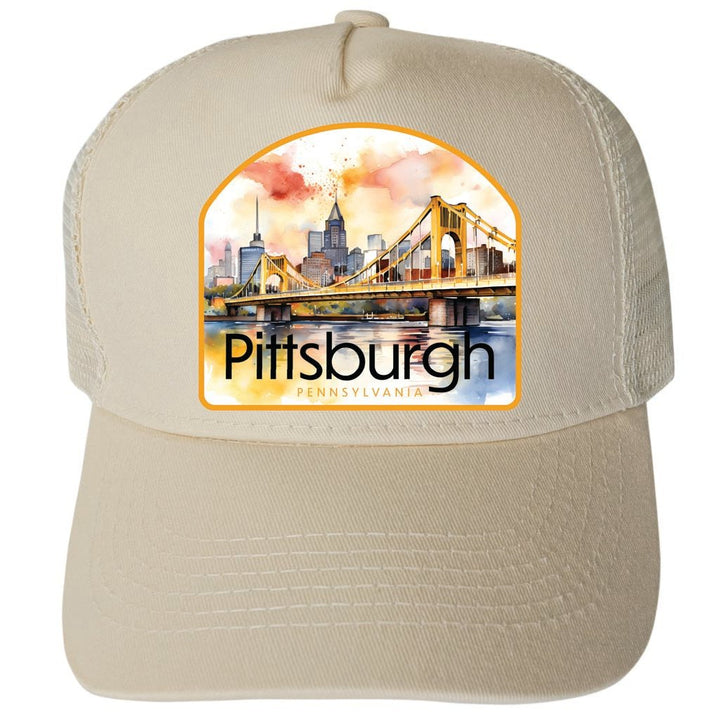 Pittsburgh Pennsylvania Yellow Bridge Design Unisex Mesh Back Trucker Hat with Adjustable Snapback Image 1