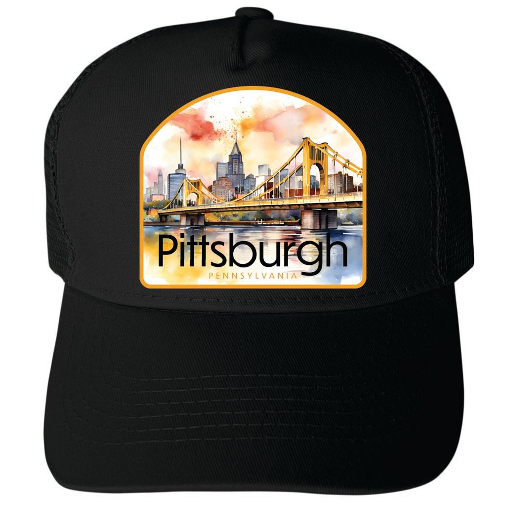 Pittsburgh Pennsylvania Yellow Bridge Design Unisex Mesh Back Trucker Hat with Adjustable Snapback Image 1