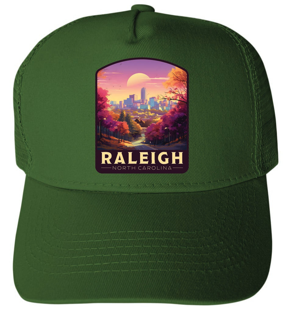 Raleigh North Carolina City of Oaks Sunset Design Unisex Mesh Back Trucker Hat with Adjustable Snapback Image 1