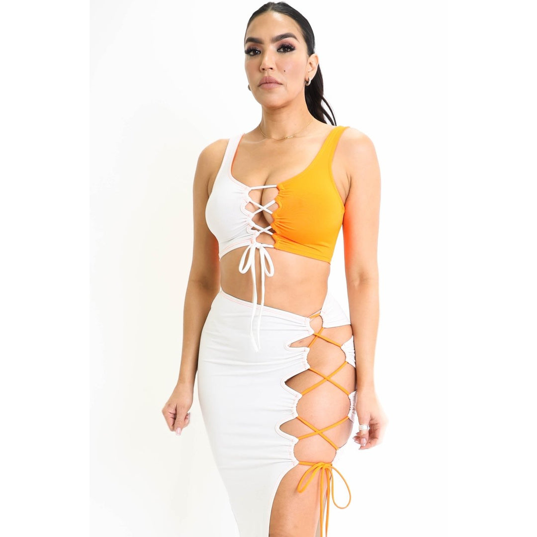 ColorBlock Side Lace up Top and Matching Maxi Skirt 2 Piece Outfit Set Image 6