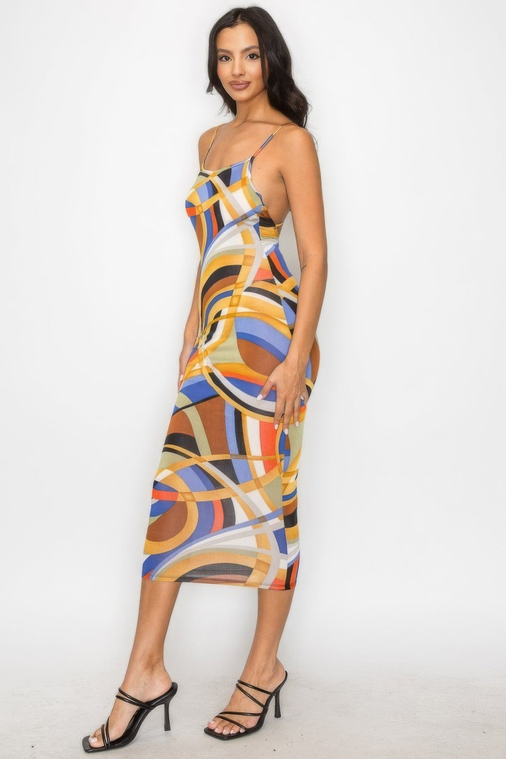 Crossed Back Marble Print Multicolor Midi Dress Image 2