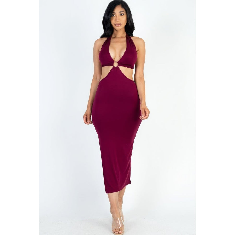 Cut-out Halter Neck Double Back Tie Split Thigh Midi Dress Image 1